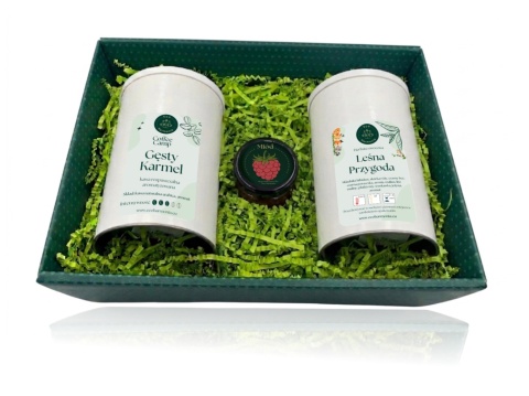 Kawa Gęsty Karmel 100g + Herbata owocowa Leśna Przygoda 100g - zestaw prezentowy